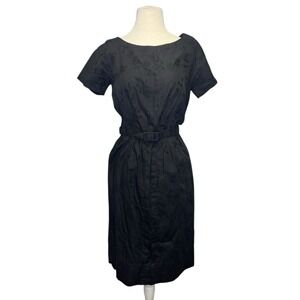 Vtg 50s Rockabilly Nelly Don Black Belted Sheath Dress sz 14 Jacquard Floral